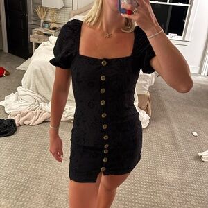 Free People Daniella Eyelet Lace Button-Down Puff Sleeve Square Neck Mini Dress